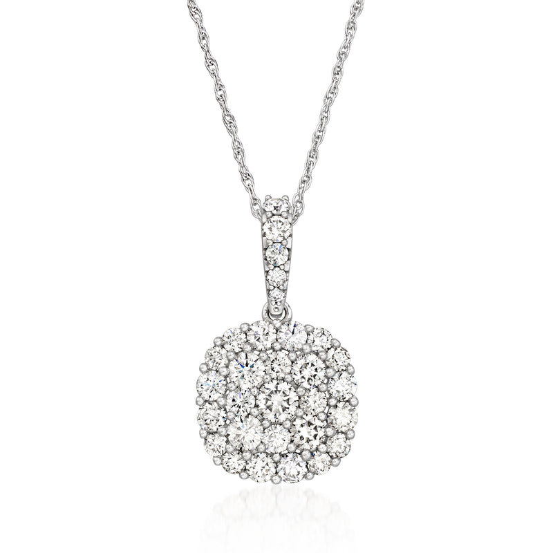 Diamond cluster pendant necklace in 14kt white gold with round halo pendant and chain