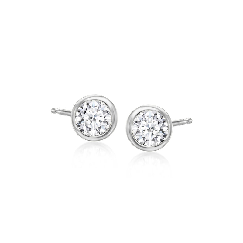 Sterling silver bezel-set diamond stud earrings with two round stones