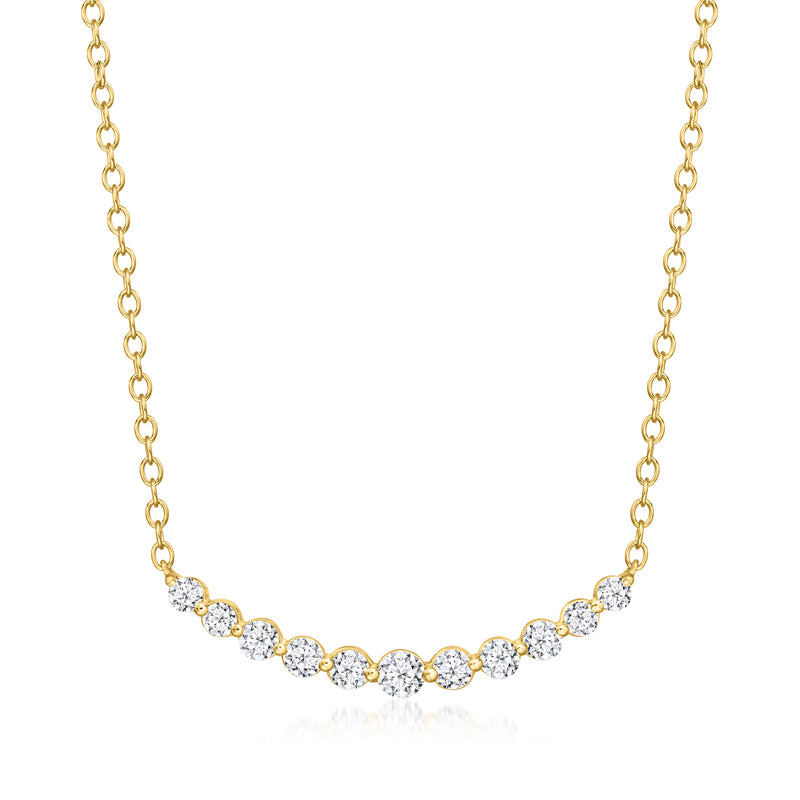 Curved bar diamond necklace with gold chain and small round gemstones