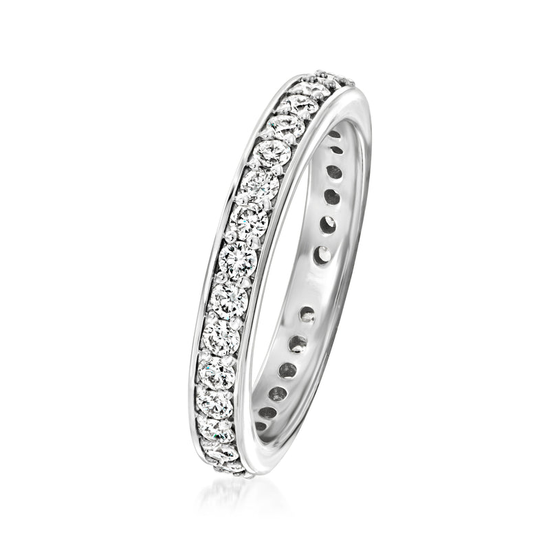 Sterling silver eternity band with lab-grown diamond row along raised bezel