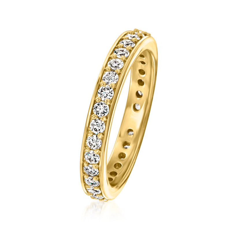 Gold diamond eternity band with round stones set all around the curved edge