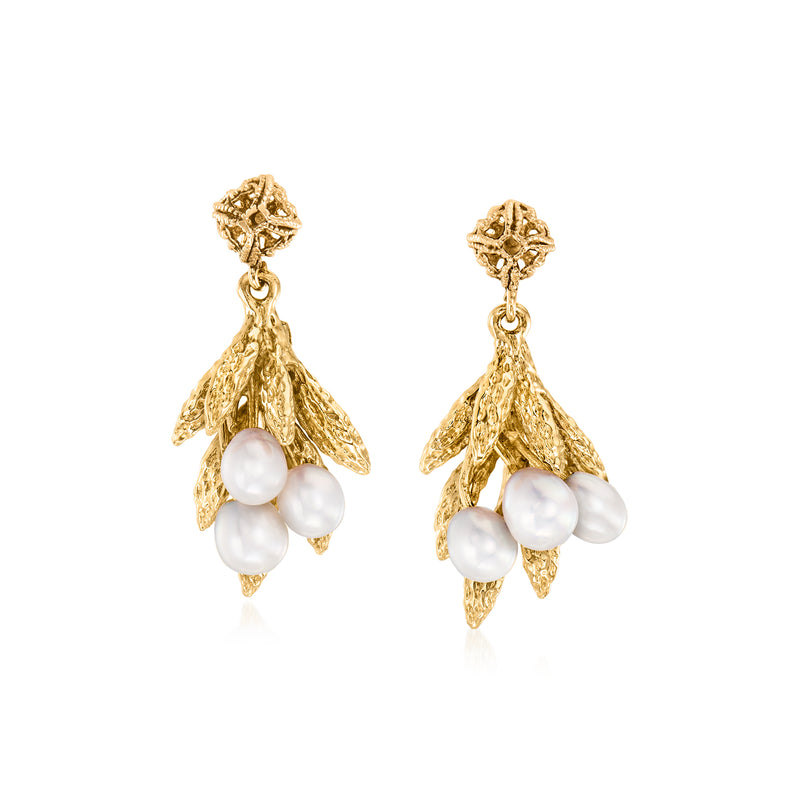 14kt yellow gold leaf drop earrings with clustered white cultured pearls