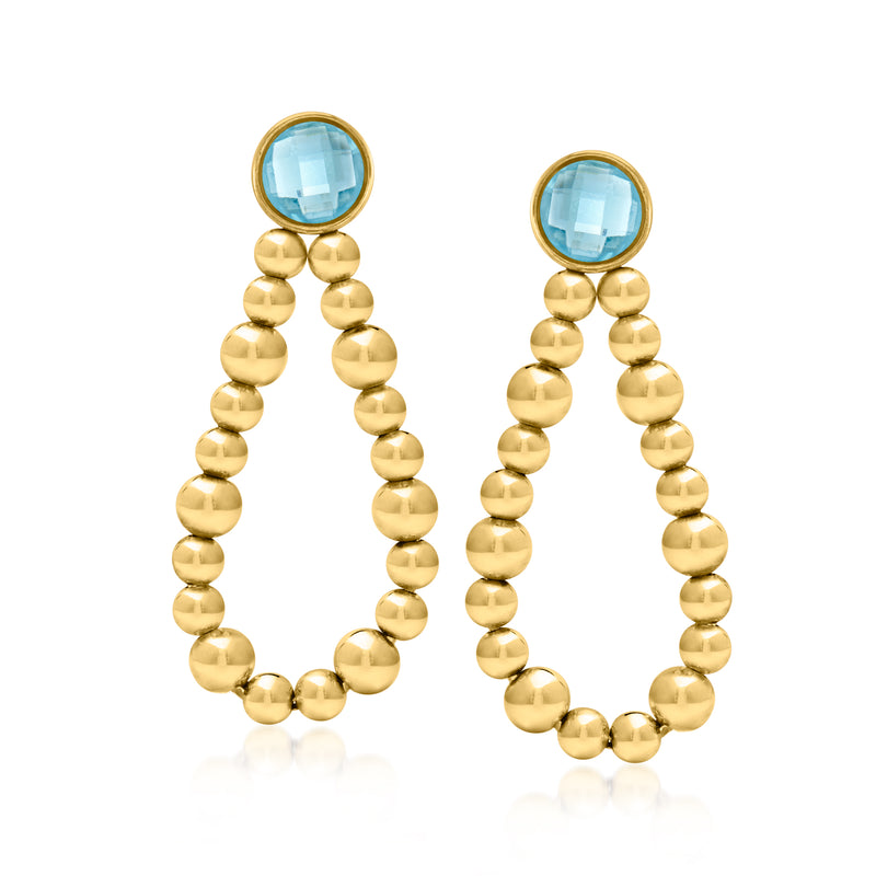Gold over sterling beaded teardrop drop earrings with blue topaz