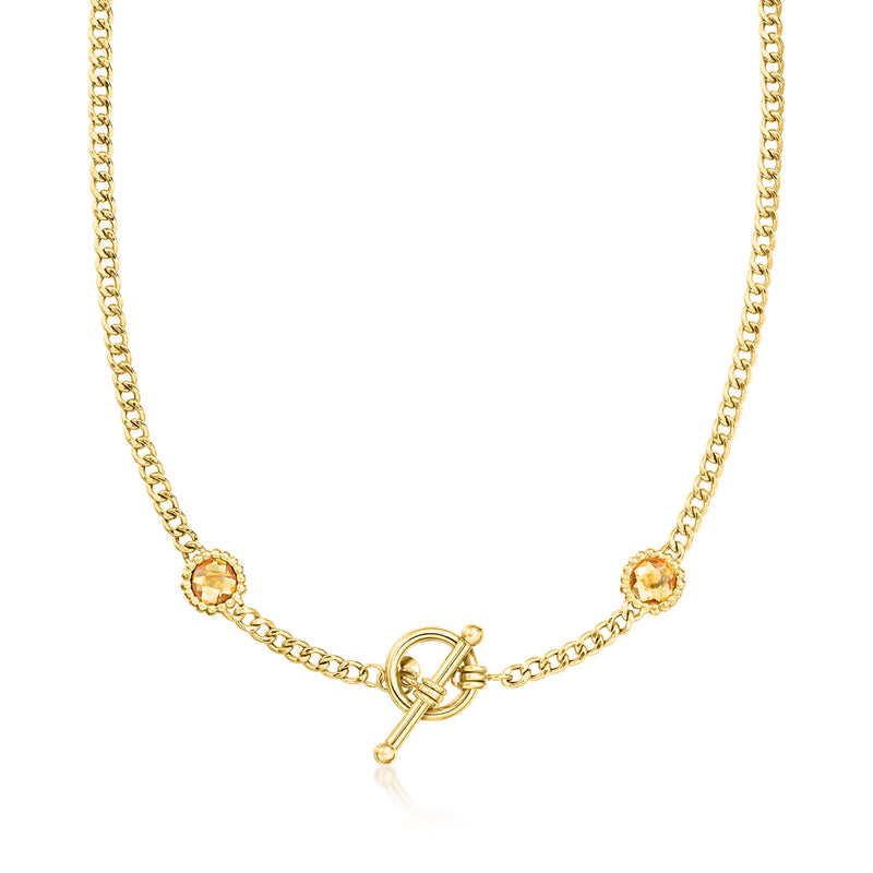 Gold curb-link toggle necklace with round citrine-like gemstone links and clasp
