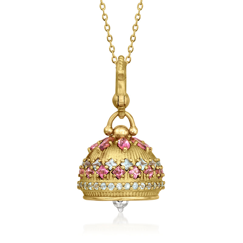 Gold bell pendant necklace with pink gemstones and light stone accents
