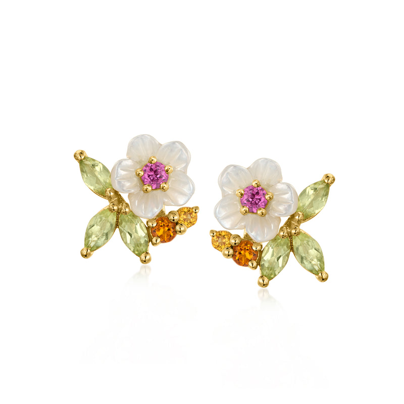Gold flower stud earrings with mother-of-pearl petals, purple center, green and orange stones