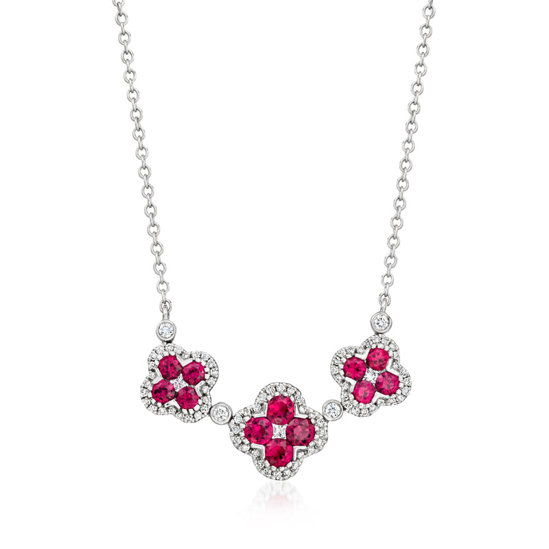 Vintage white gold clover necklace with pink ruby and round diamond accents