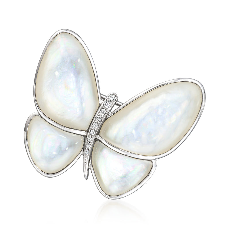 Mother-of-pearl butterfly pin with diamond-studded body in 18kt white gold
