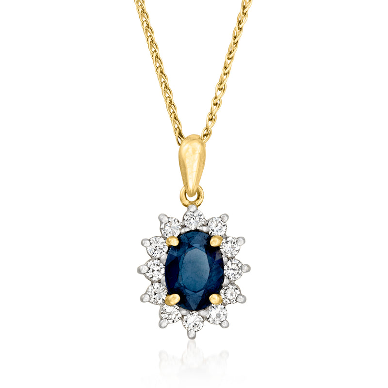 Vintage sapphire and diamond pendant necklace in 14kt yellow gold with halo setting