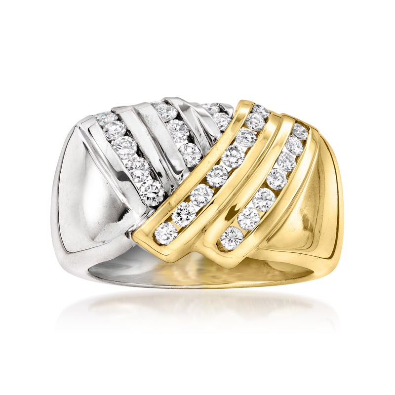 Two-tone gold crisscross diamond ring with clear round stones