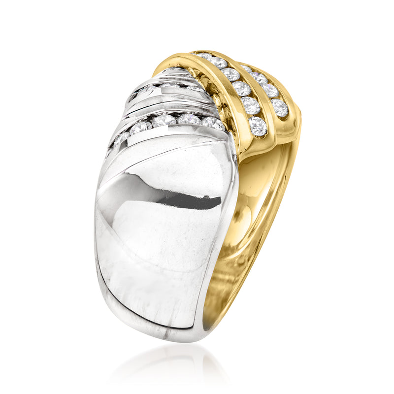Two-tone gold crisscross diamond ring, yellow band with round stone accents