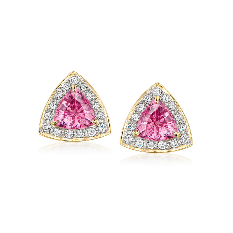 Triangular pink gemstone stud earrings in 18kt yellow gold with diamond halo