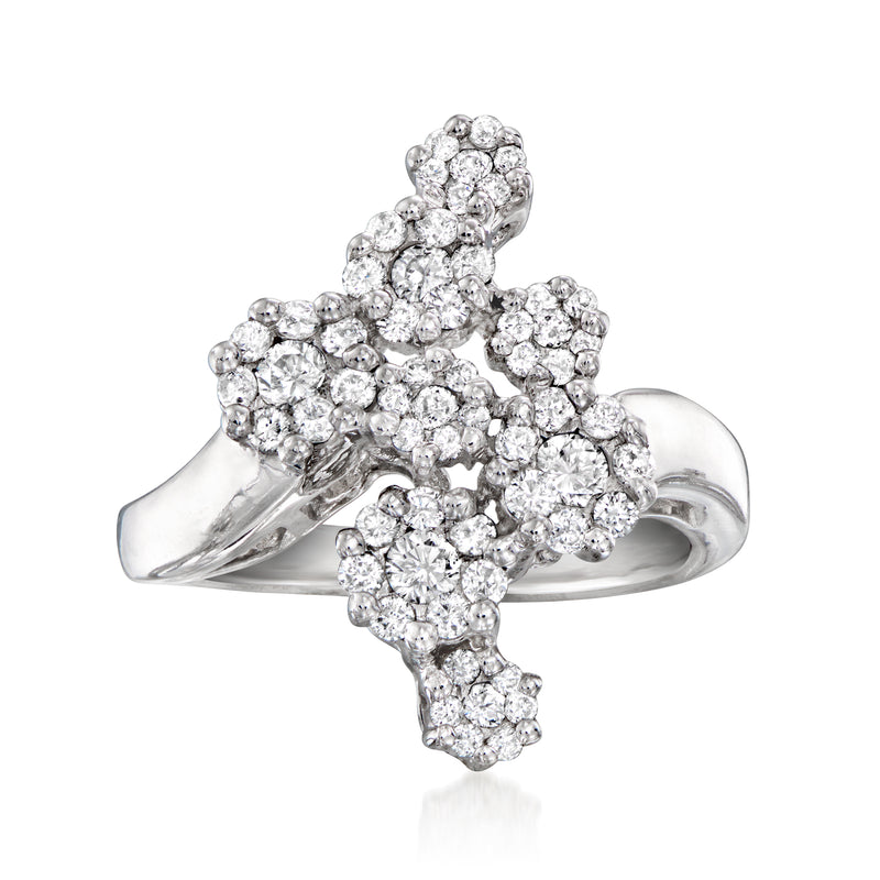 Vintage diamond cluster ring in 14kt white gold, three-tier round diamonds with openwork