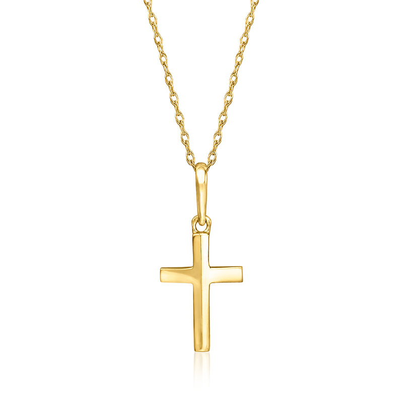 Yellow gold cross pendant necklace with modern vertical cross on a link chain