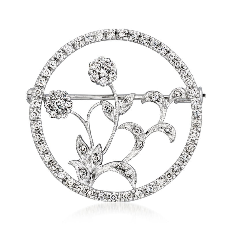 Diamond flower pin, round halo design with clustered blossoms and scrolling leaves