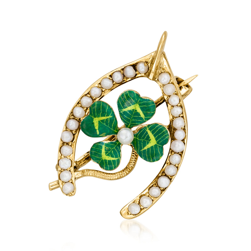Yellow gold clover pin with green enamel, seed pearls, and wishbone details