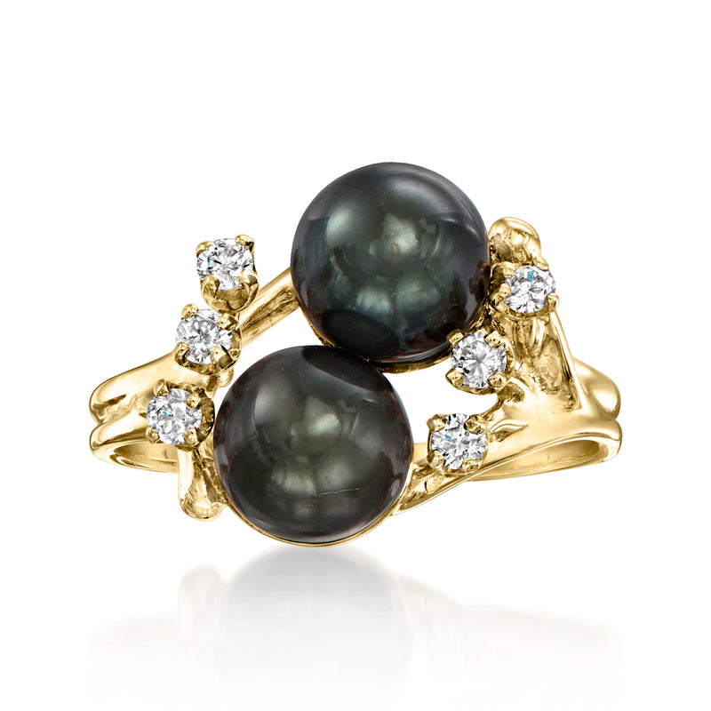 Vintage 14kt yellow gold ring with two dark cultured pearls and diamond accents
