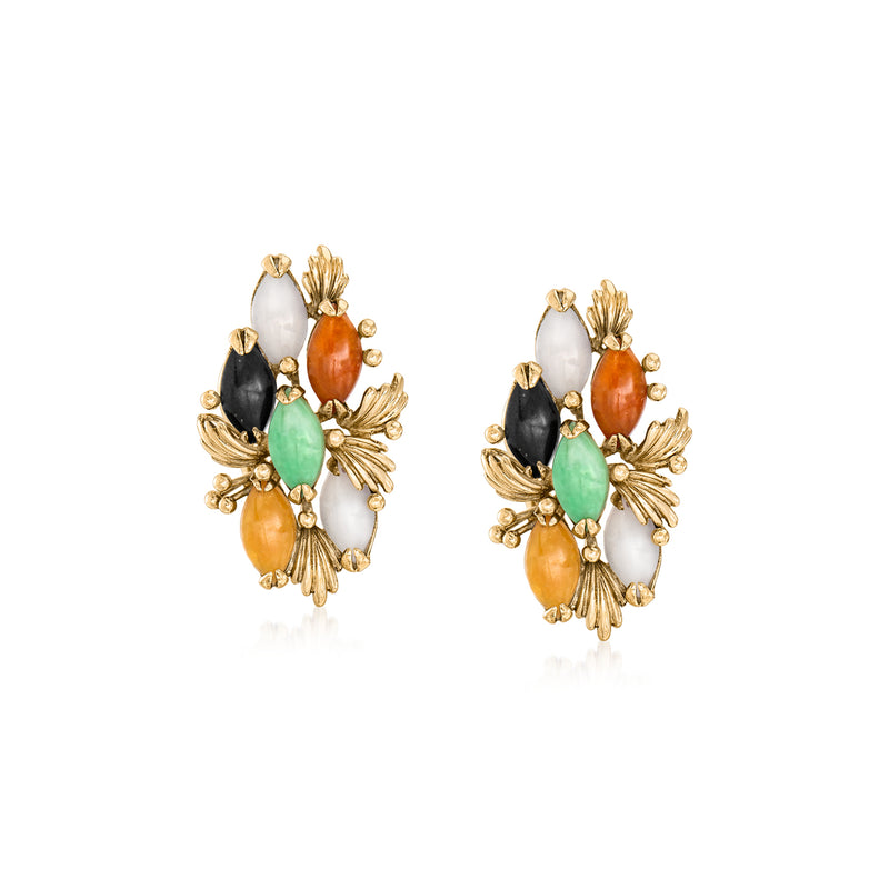 Vintage 14kt yellow gold jade earrings with white, black, green, and orange stones