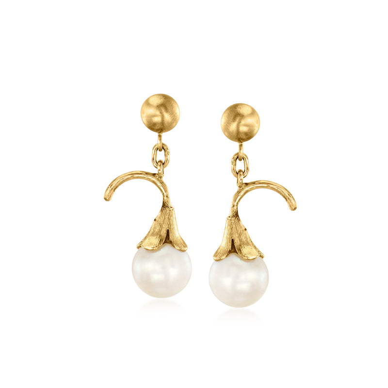 14kt yellow gold drop earrings with cultured pearl teardrop accents