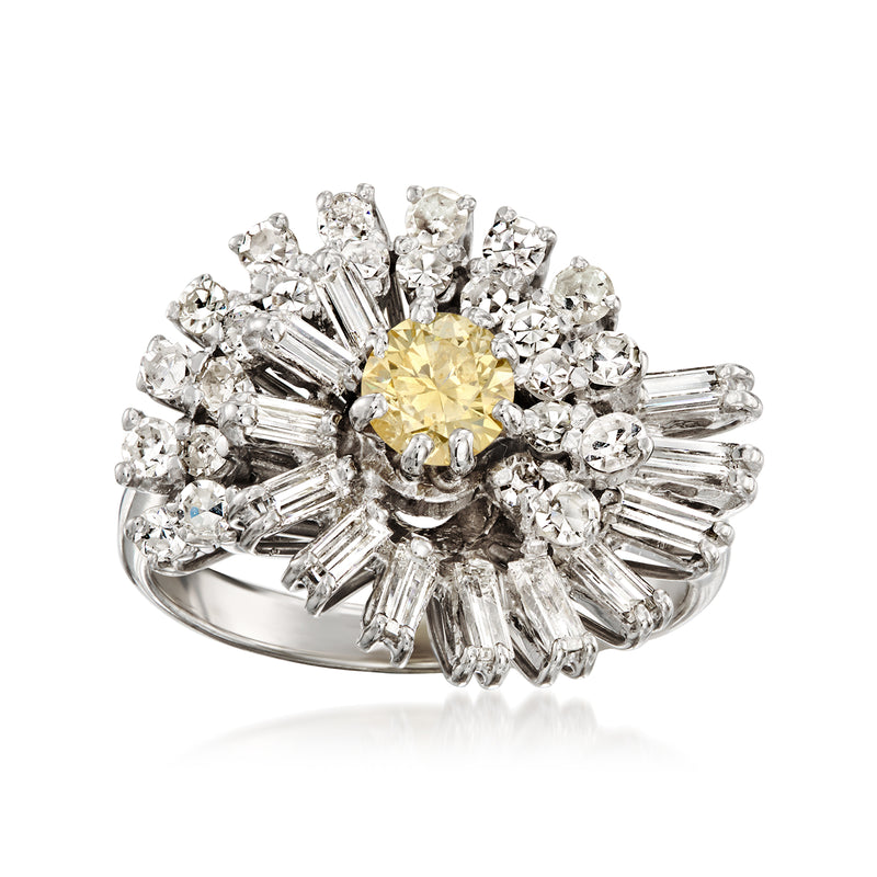 Swirl diamond ring with yellow center stone and white halo, 18k white gold band