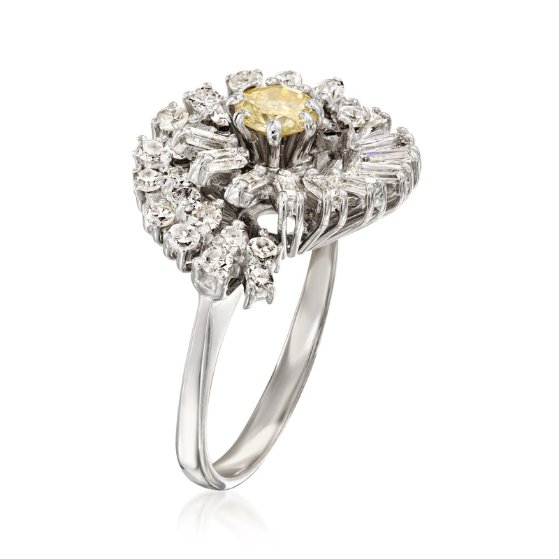 Swirl diamond cluster ring with yellow center stone, white baguette diamonds, white-gold band