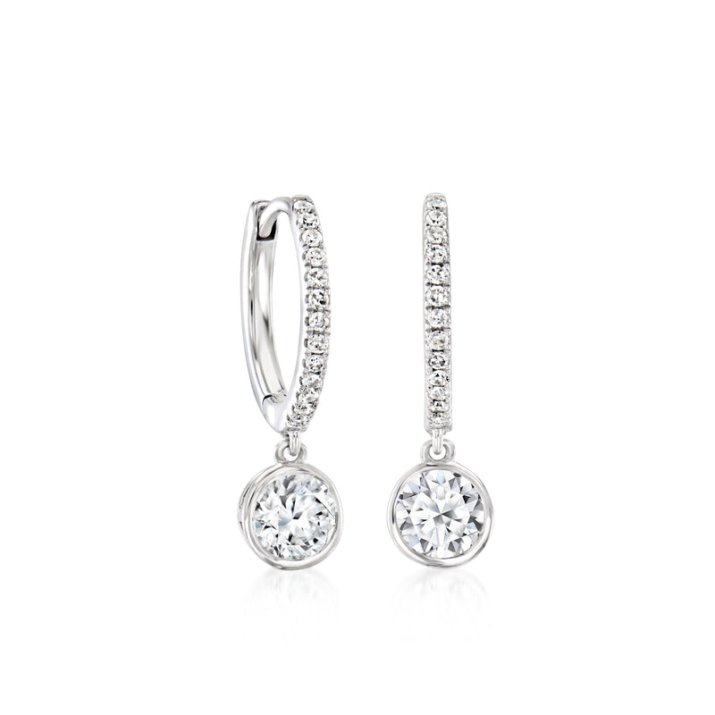 Sterling silver bezel-set lab-grown diamond hoop drop earrings with round stones