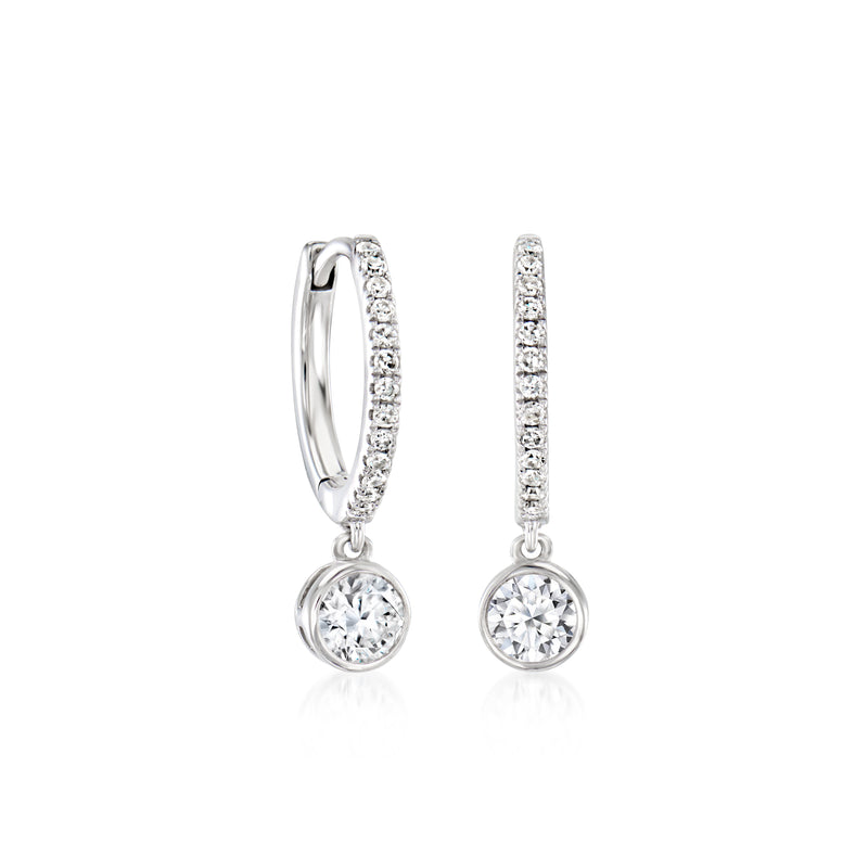 Sterling silver diamond huggie hoop drop earrings with round dangling stones