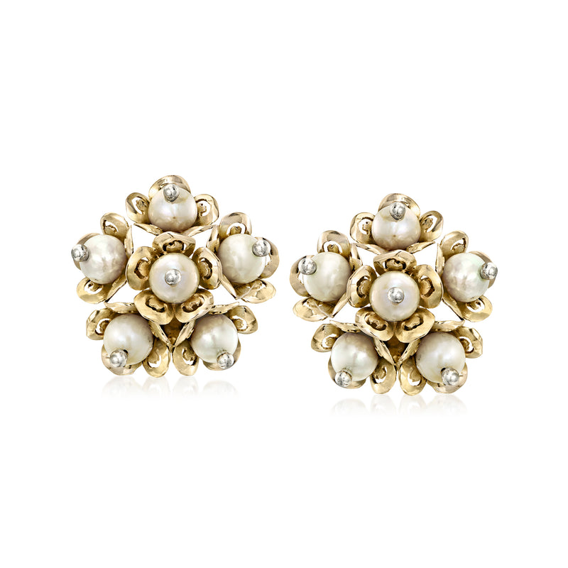 Yellow gold cultured pearl cluster post earrings, round pearl and gold bead design