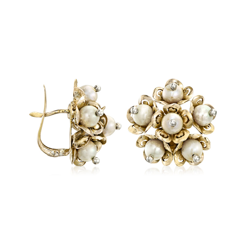 Cultured pearl cluster post earrings in yellow gold with visible post backing