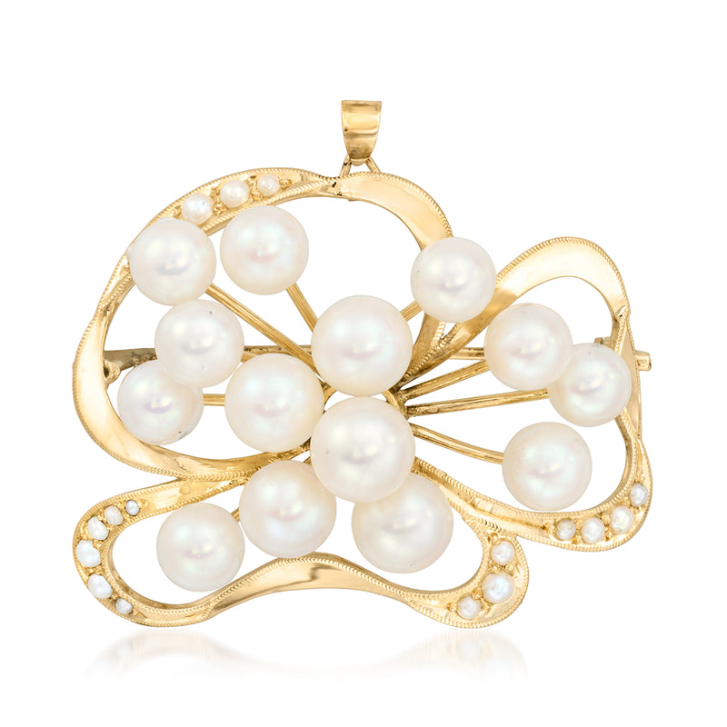 14kt yellow gold ribbon pin with cultured pearl clusters and sparkling bead accents