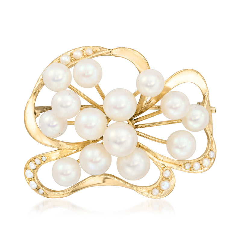14kt yellow gold ribbon pin with cultured pearls and beadwork border, angled view