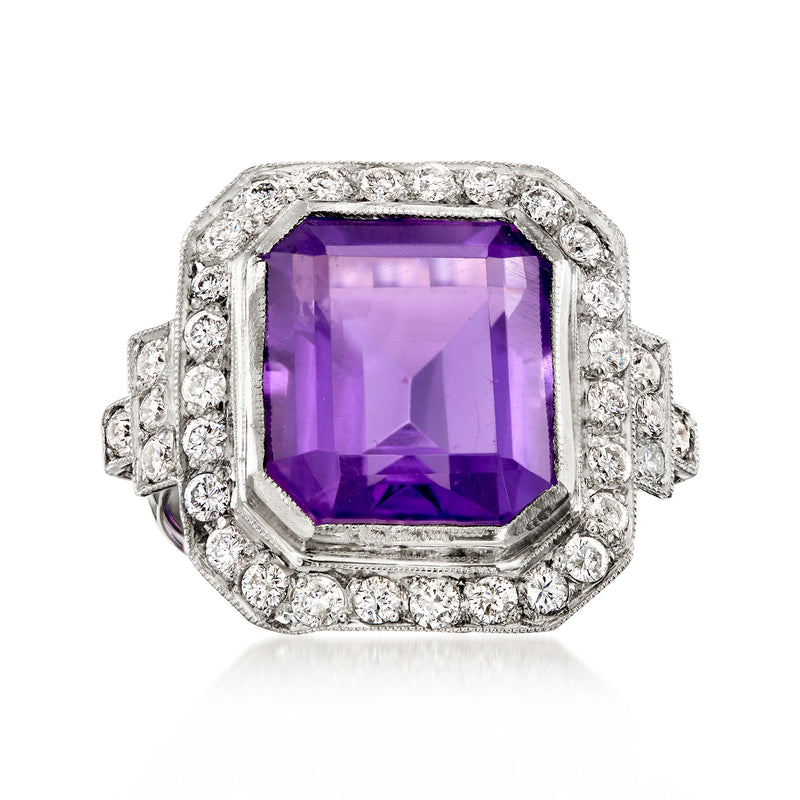 Platinum amethyst and diamond ring with square cushion amethyst and halo of round diamonds