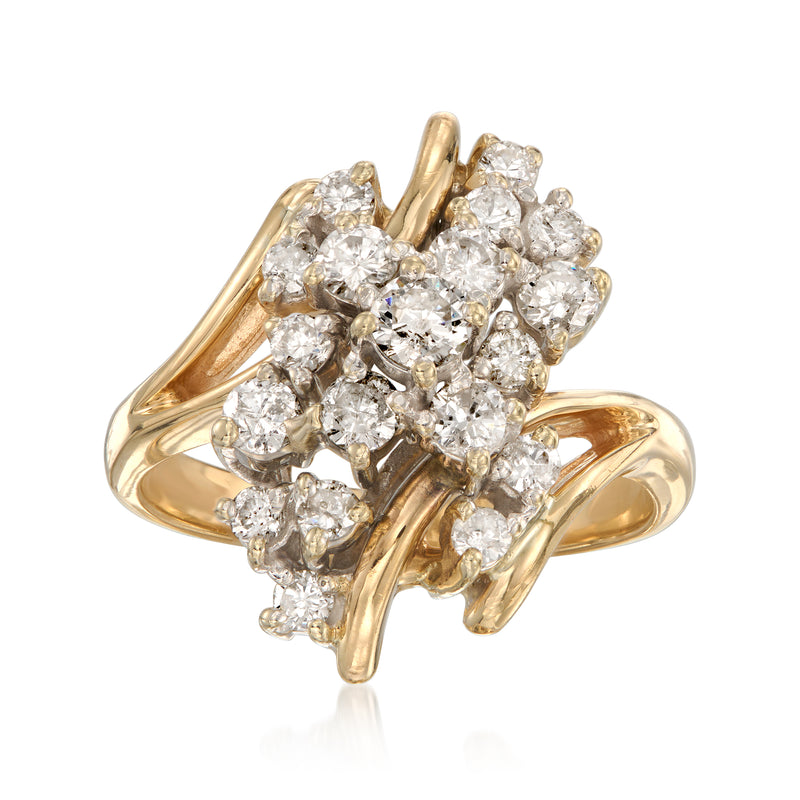 Vintage 14kt yellow gold diamond cluster ring with ornate prong-set stones