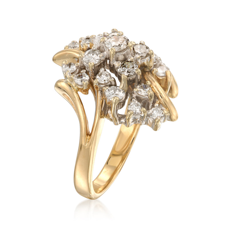 Ornate 14kt yellow gold diamond cluster ring, side view of prong settings