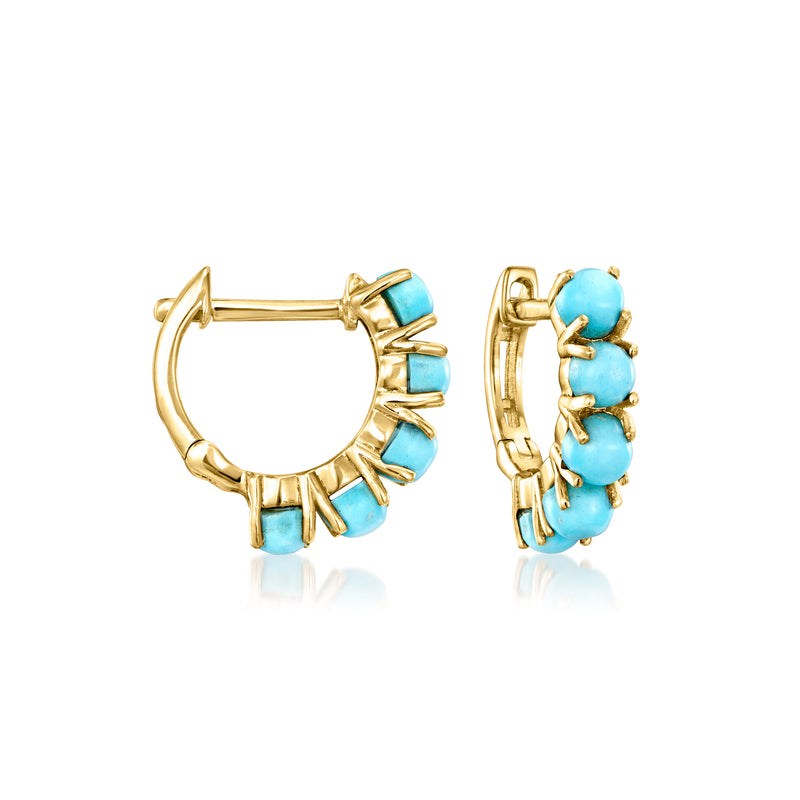 Turquoise hoop earrings in 14kt yellow gold with three bezel-set round stones