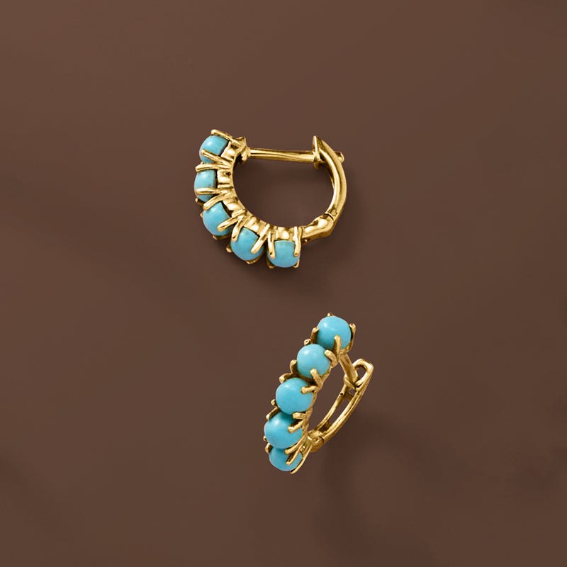 Turquoise hoop earrings in 14kt yellow gold with multiple bezel-set round stones