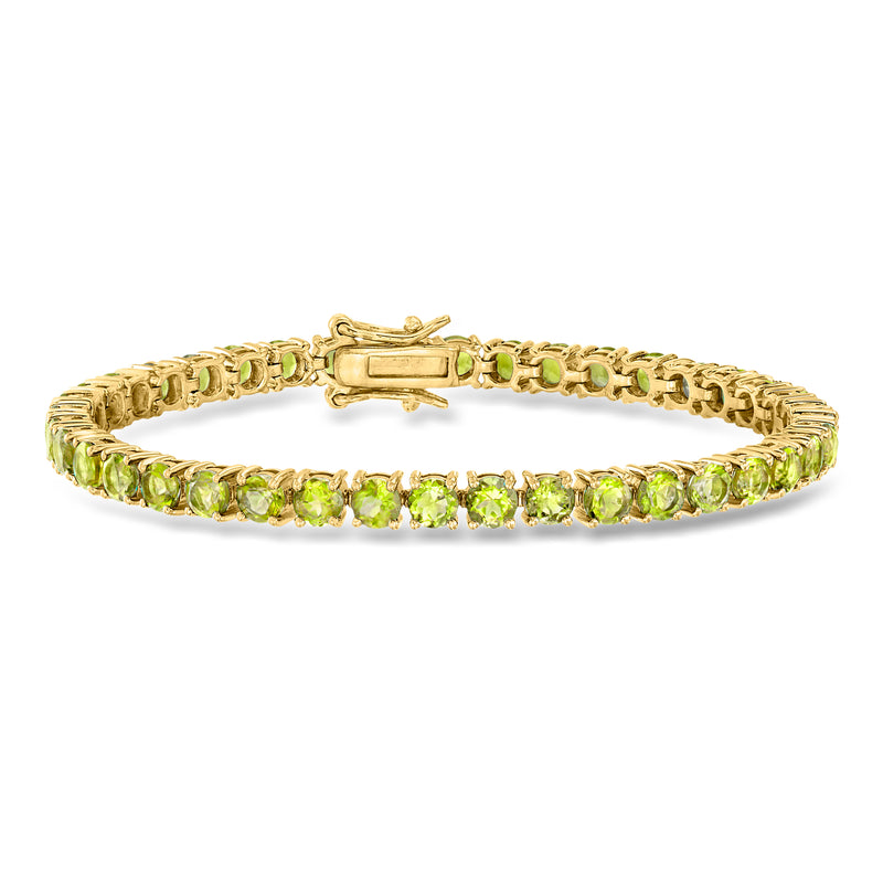Peridot tennis bracelet, 18kt gold over sterling with green round stones, box clasp