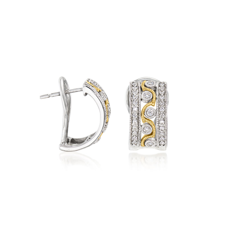 Curved rectangular diamond earrings with two-tone gold swirl, side view with post