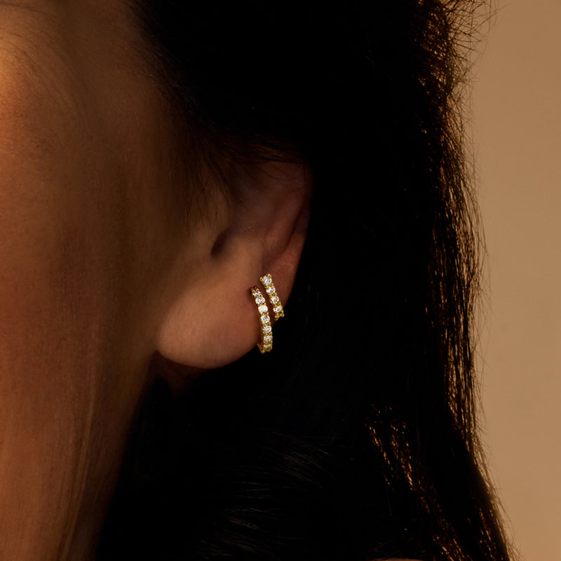 Lab-grown diamond double-hoop earrings in gold over sterling on ear