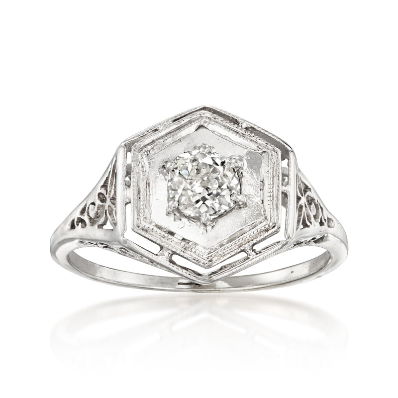 Vintage .45-ct diamond openwork ring, 14kt white gold, hex prong-set center