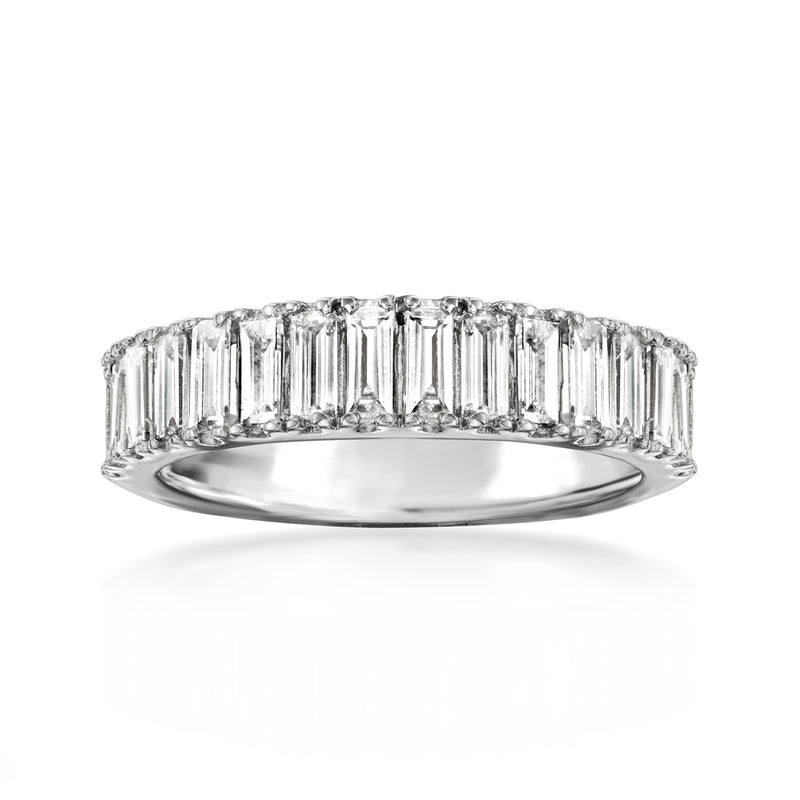 Sterling silver baguette diamond ring with even channel-set stones across the band
