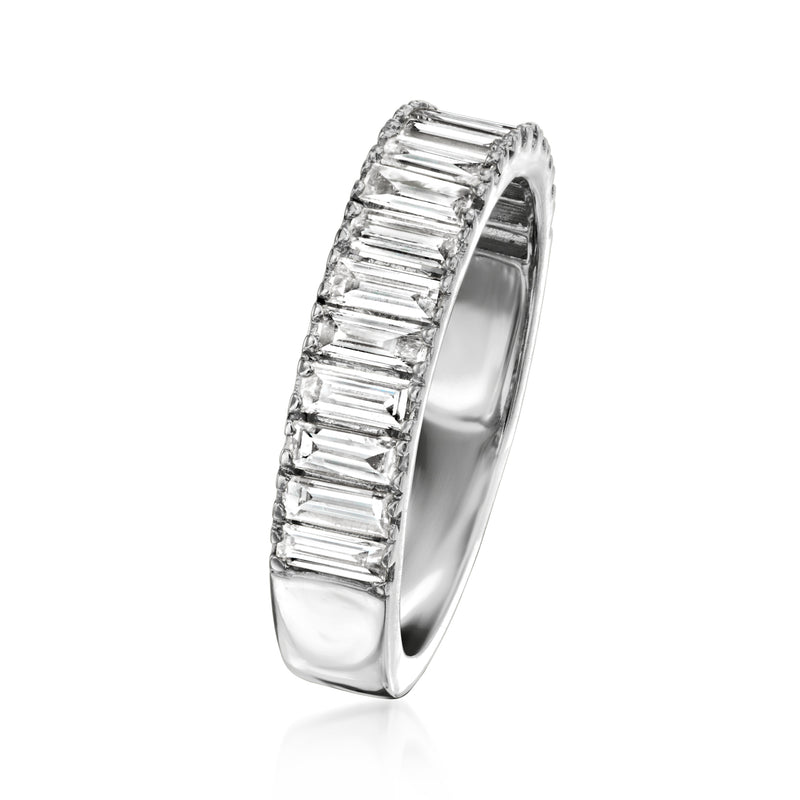 Sterling silver baguette diamond ring shown in side view with channel-set stones