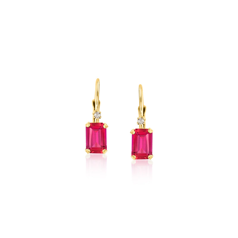 Yellow gold leverback drop earrings with red rectangular gemstones and small diamond accents