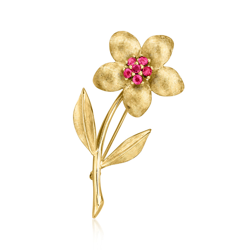 Vintage ruby flower pin, 14kt yellow gold with red gem petals