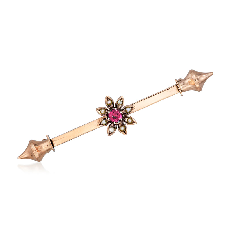 Vintage 10kt yellow gold bar pin with red pink center flower and seed pearls