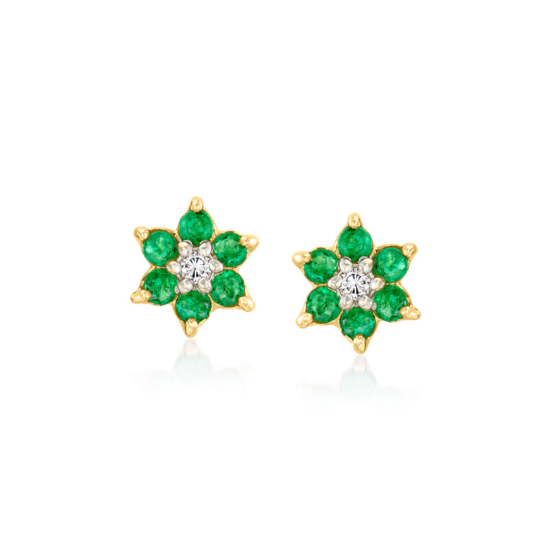 Vintage emerald flower stud earrings with diamond accents in 14kt yellow gold