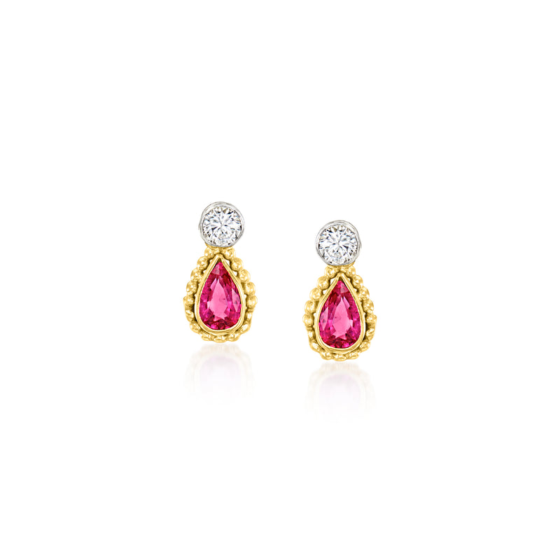 Vintage 14k yellow gold post earrings with pink teardrop ruby and round diamond accents