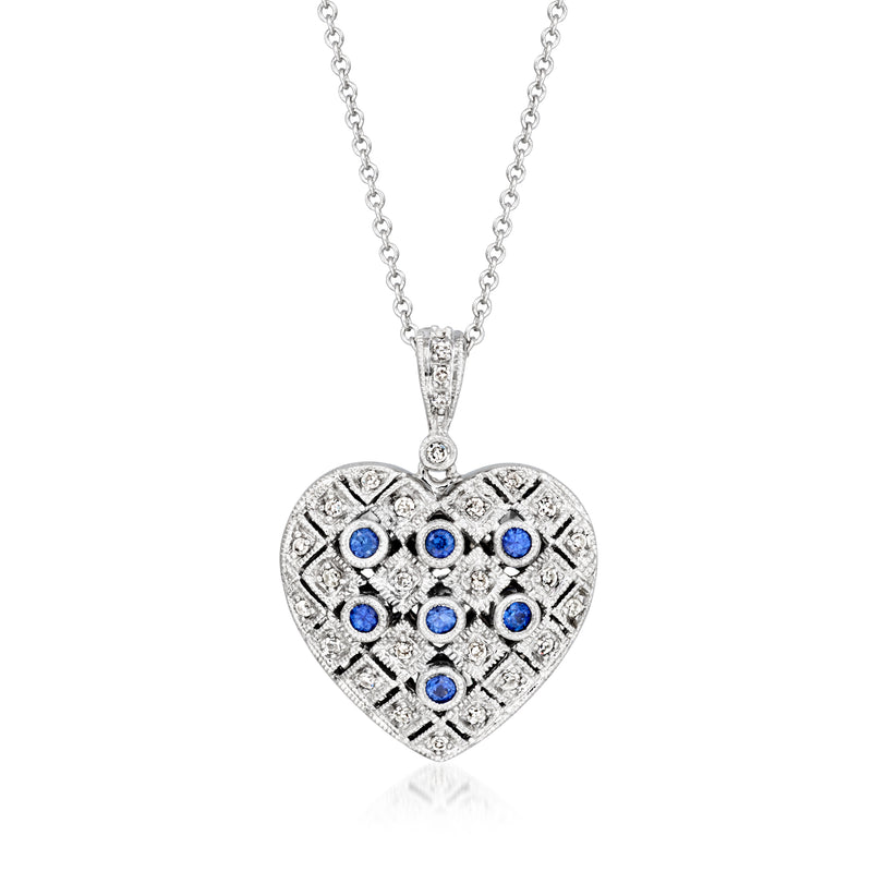 Heart locket necklace in white gold with blue sapphire stones and diamond accents