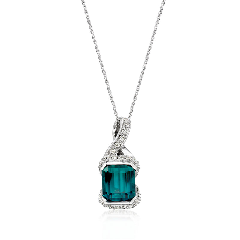 Vintage pendant necklace with rectangular blue-green tourmaline and diamond halo, white gold.