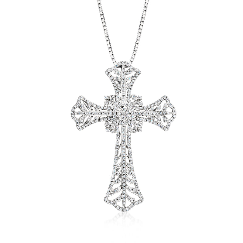 Diamond openwork cross pendant in white gold on link chain necklace